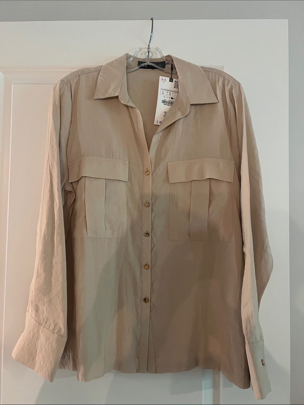 Zara Women’s Beige Button-Up Shirt with Chest Pockets